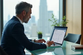Homme en costume accédant à BNP Banque Privée sur ordinateur portable depuis son bureau privé