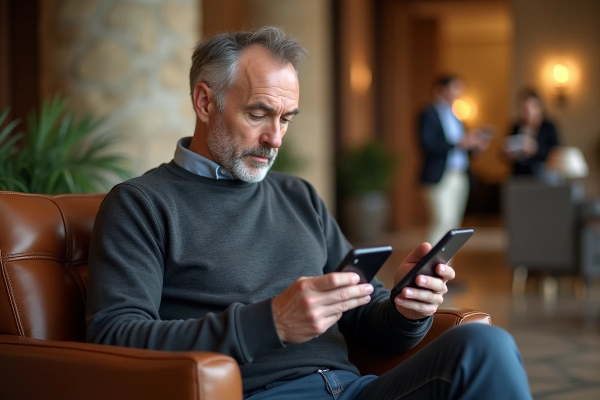 Homme accédant à BNP Banque Privée depuis son smartphone dans un lobby d'hôtel de luxe