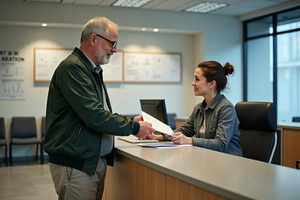 Citoyen déposant des documents administratifs au guichet d'accueil du service de gestion comptable Nord Vendée