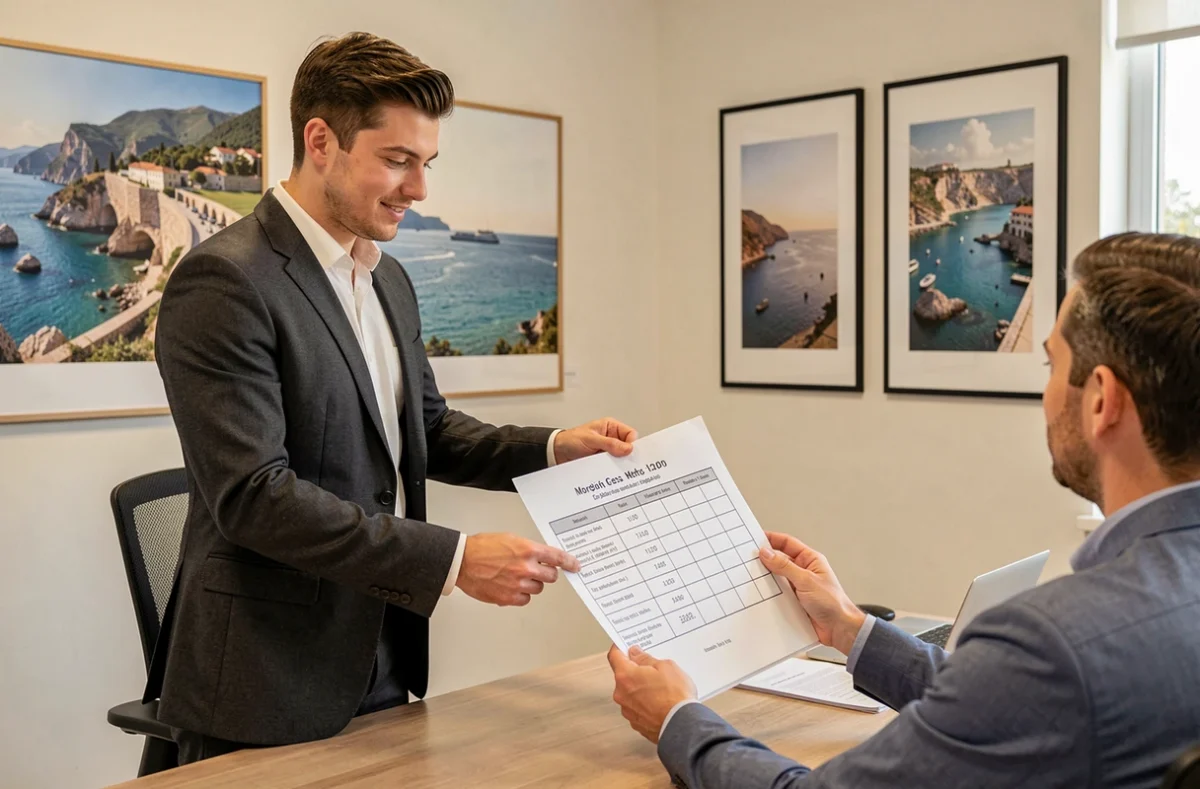 Conseiller ACE Crédit Var expliquant un tableau d'amortissement à un client dans son agence