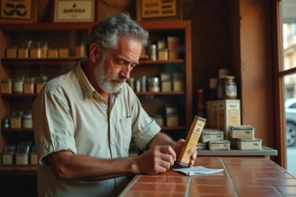 Homme achetant du tabac à rouler 30g dans un estanco espagnol traditionnel, prix affiché sur l'étiquette