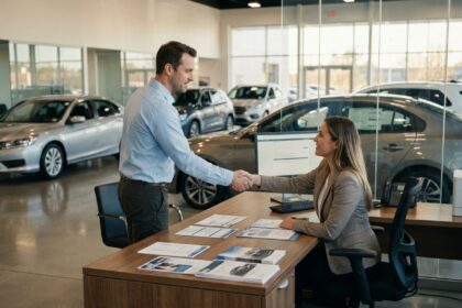 Un homme signe un contrat d'achat de voiture d'occasion dans un showroom professionnel avec un vendeur