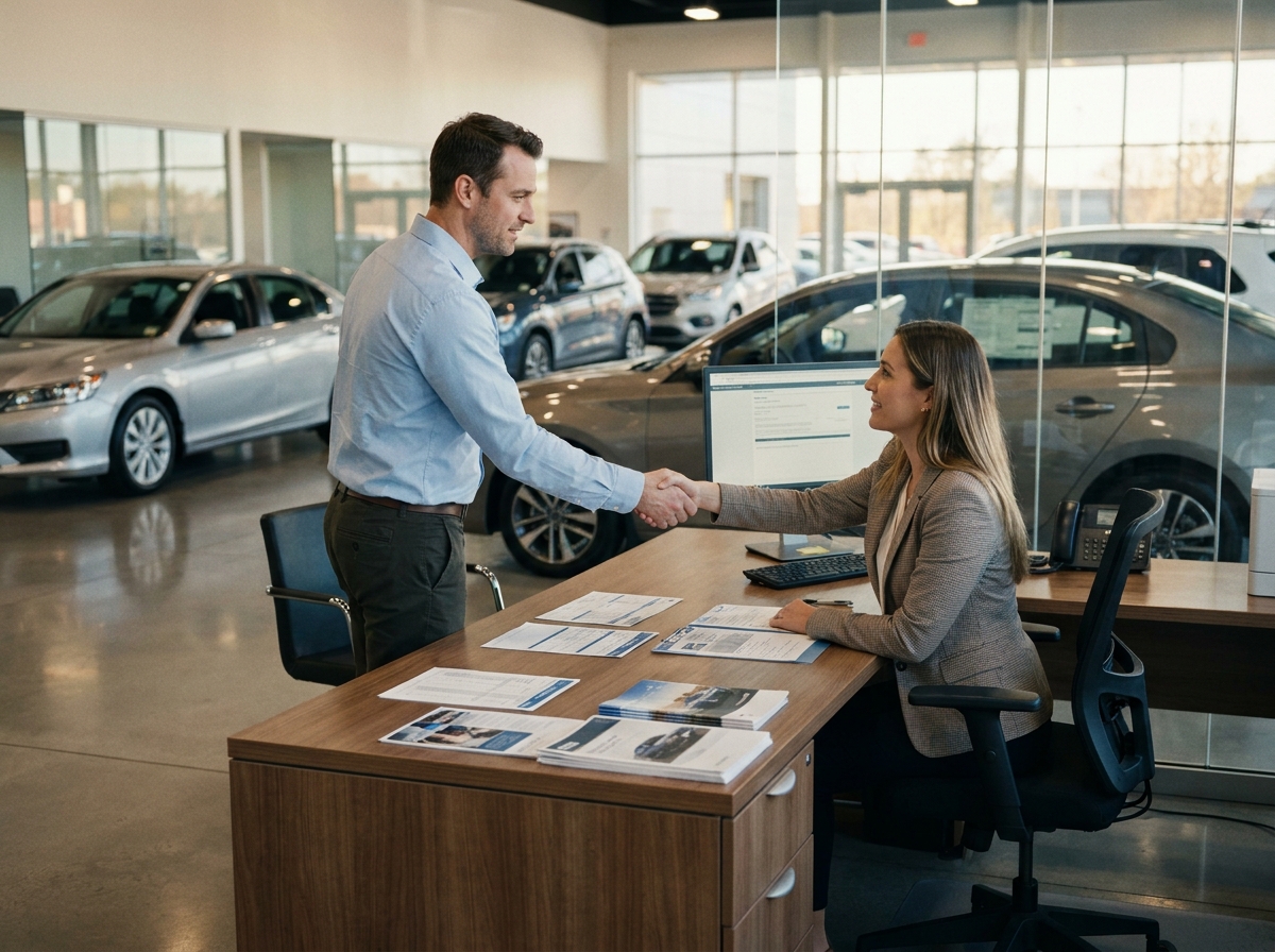 Un homme signe un contrat d'achat de voiture d'occasion dans un showroom professionnel avec un vendeur