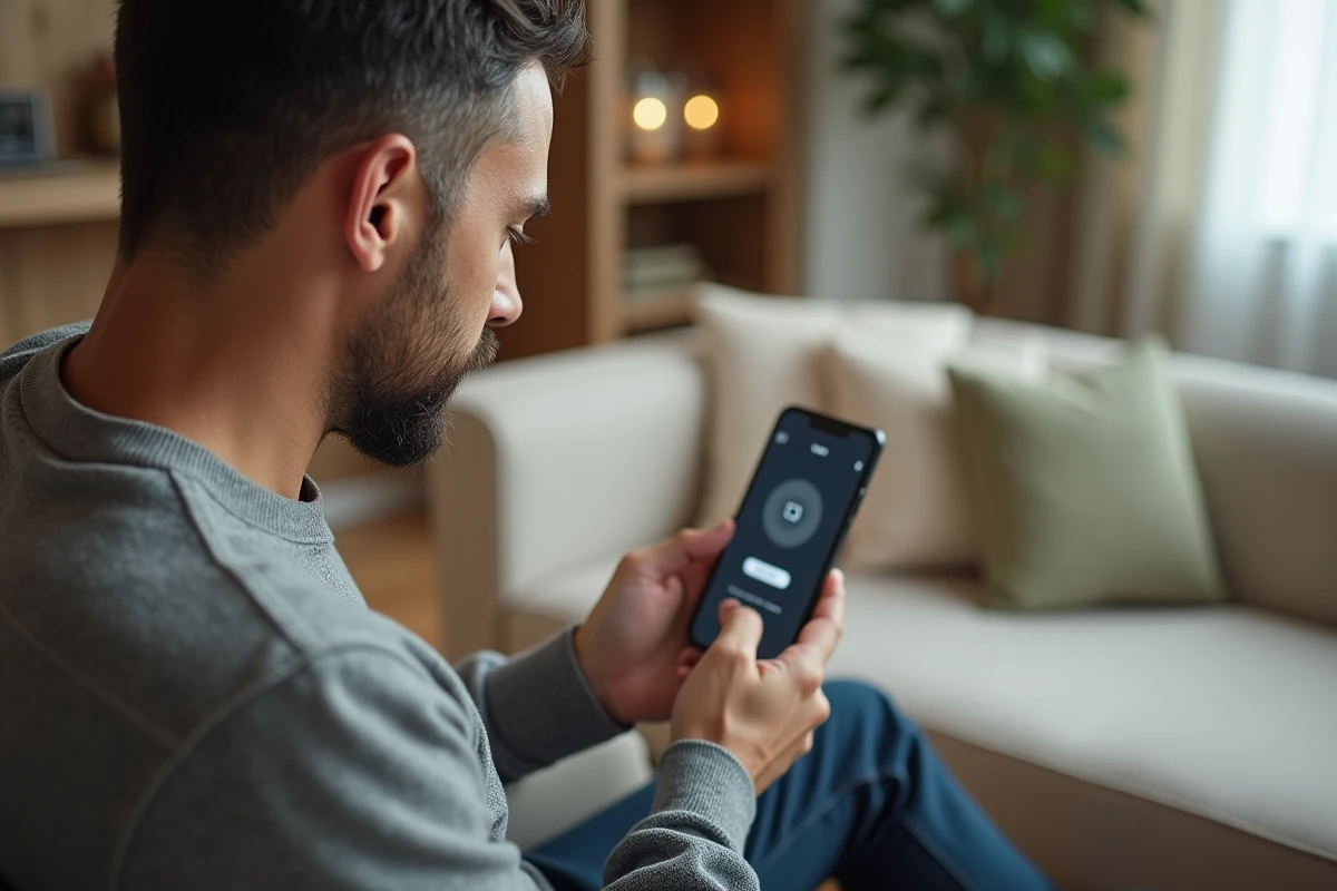 Homme activant son identifiant LCL Accès pour la première fois sur smartphone depuis son salon