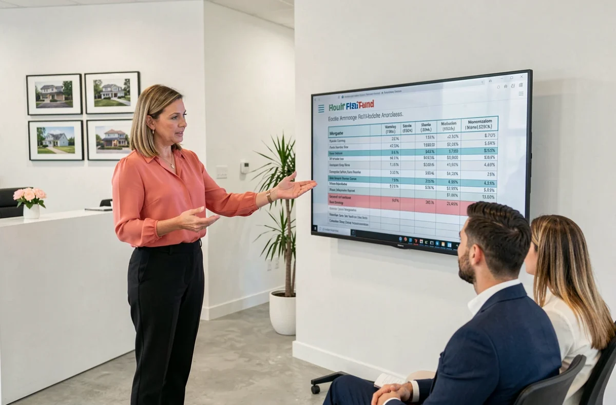 Conseillère d'Actual Immo Crédit expliquant un tableau d'amortissement à des clients dans une agence moderne à Saint-Étienne