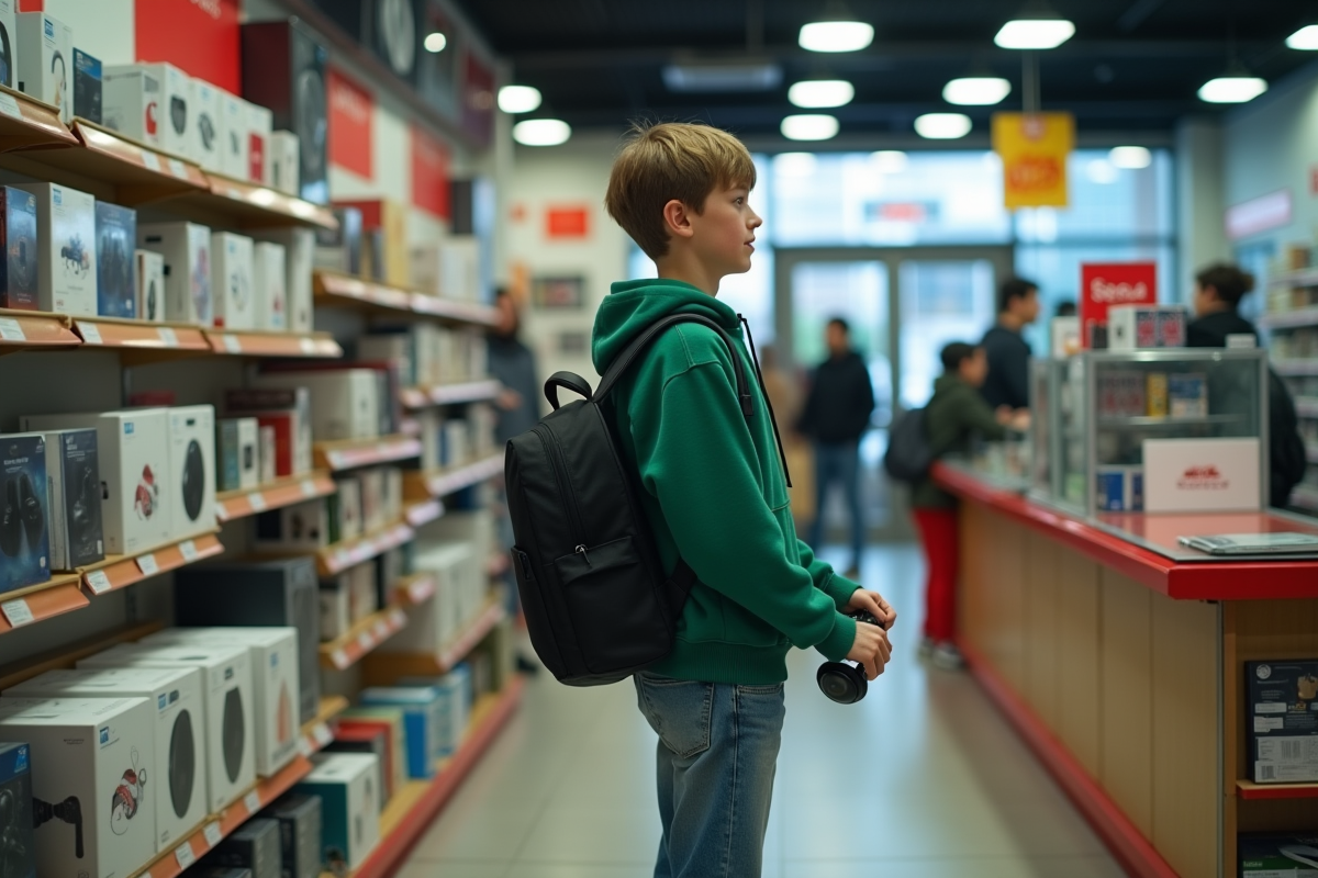 Adolescent avec écouteurs dans un magasin d