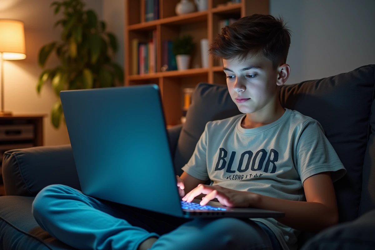 Adolescent concentré sur son achat Valorant avec son laptop dans le salon