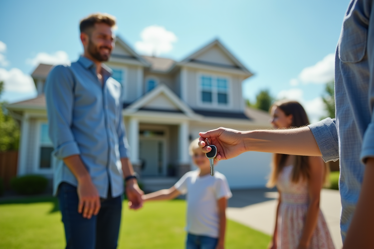 Agent immobilier remettant les clés à une famille devant une maison