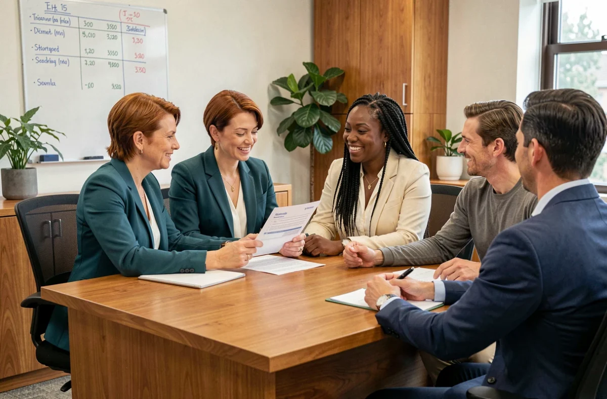 Albane et Gladys, deux courtières associées, en consultation avec un couple dans leur agence de crédit immobilier