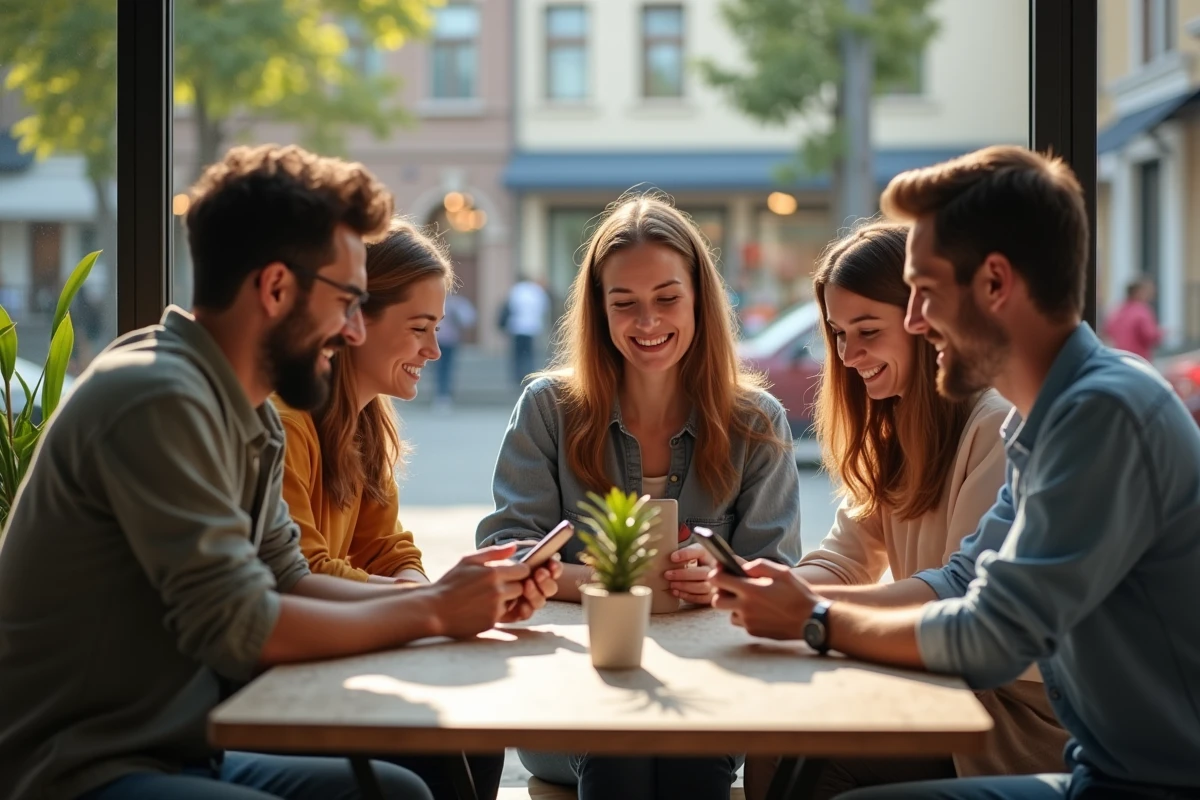 Groupe d amis discutant autour d un caf&eacute; avec smartphones