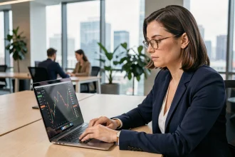 Femme professionnelle analysant des graphiques financiers sur un ordinateur portable dans un bureau moderne, illustrant l'évolution d'une plateforme d'investissement en 2026