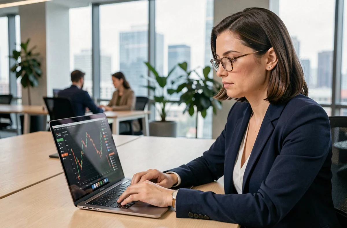 Femme professionnelle analysant des graphiques financiers sur un ordinateur portable dans un bureau moderne, illustrant l'évolution d'une plateforme d'investissement en 2026