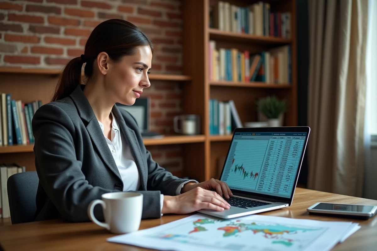 Analyste économique comparant les données de PIB par pays sur un ordinateur portable dans un bureau à domicile