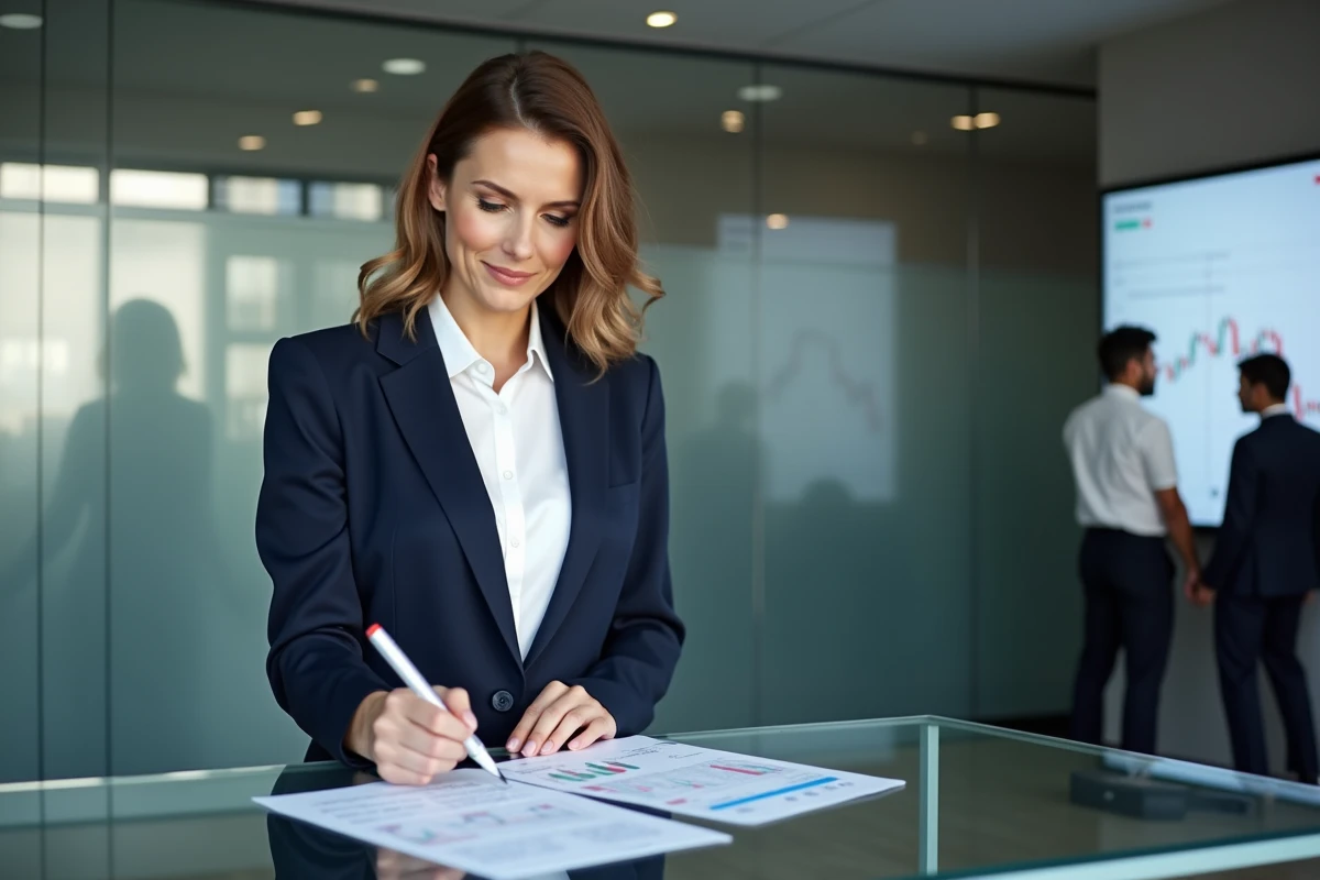 Femme analyste financière examinant un graphique de gestion du risque imprimé dans un bureau de trading professionnel