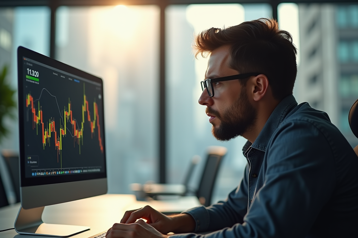 Analyste financier inquiet regardant une chute de bitcoin à l'écran