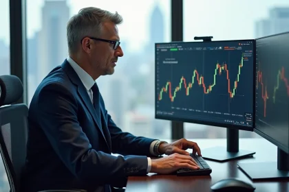 Analyste financier en costume surveillant des graphiques boursiers