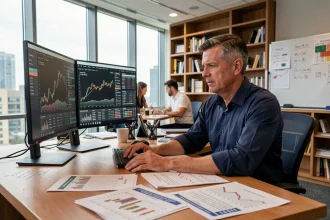 Analyste financier examinant des graphiques de performance et des métriques de risque sur plusieurs écrans dans un bureau professionnel