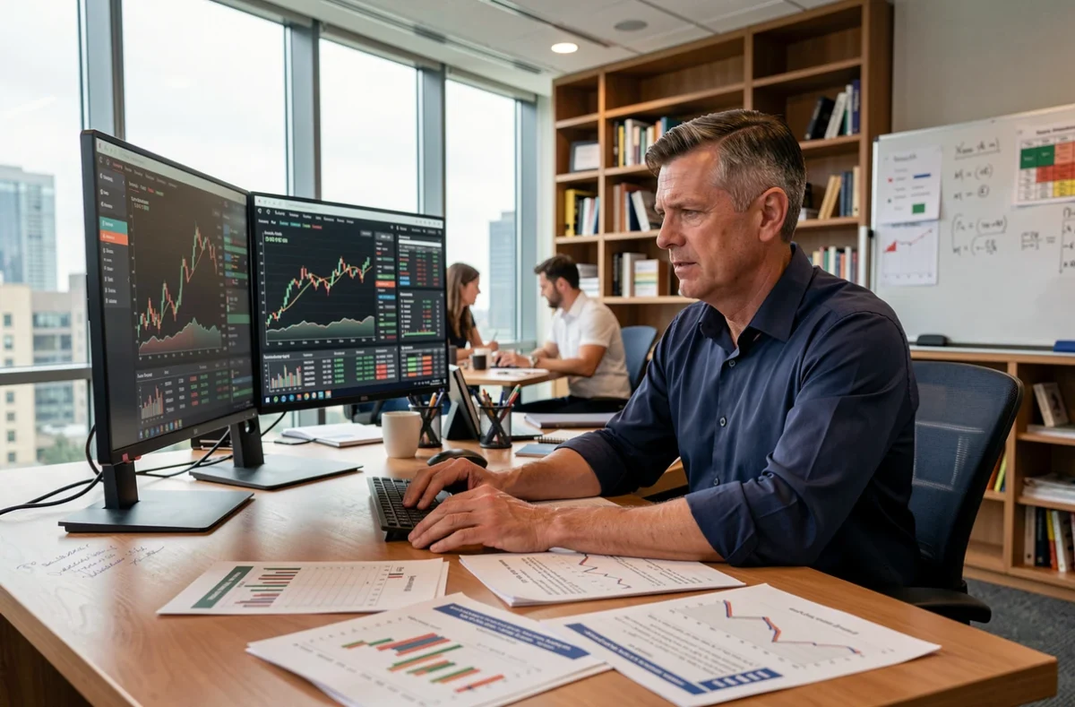 Analyste financier examinant des graphiques de performance et des métriques de risque sur plusieurs écrans dans un bureau professionnel