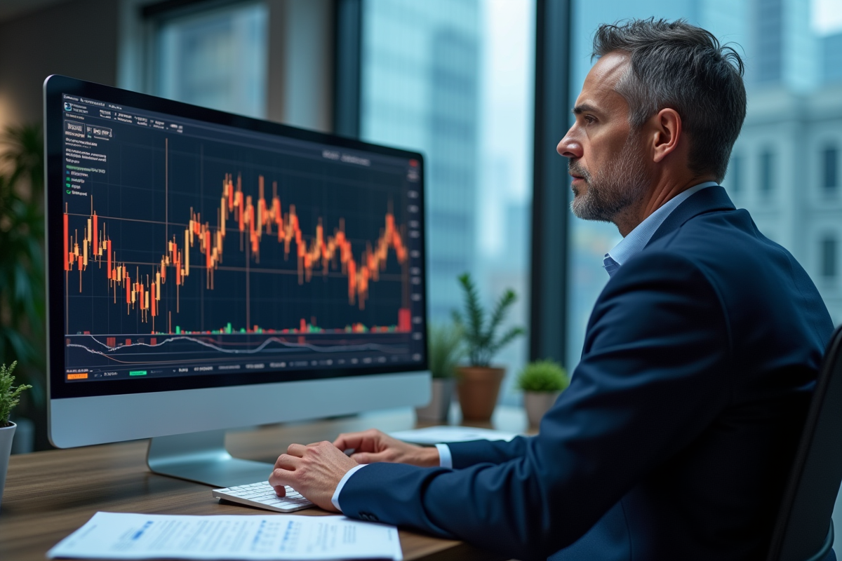 Analyste financier en costume bleu regardant les graphiques du cuivre