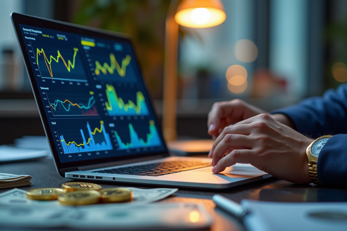 Analyste financier examinant graphiques de cryptomonnaies sur un bureau lumineux