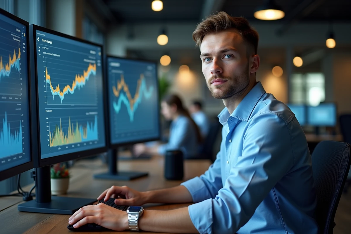 Analyste financier jeune devant plusieurs &eacute;crans affichant des graphiques de salaires et donn&eacute;es &eacute;conomiques dans un open space moderne