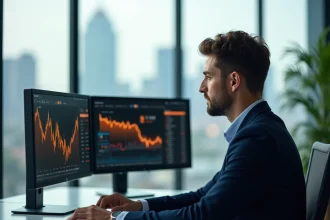 Analyste financier consultant des graphiques boursiers sur deux écrans avec données Orange en bourse