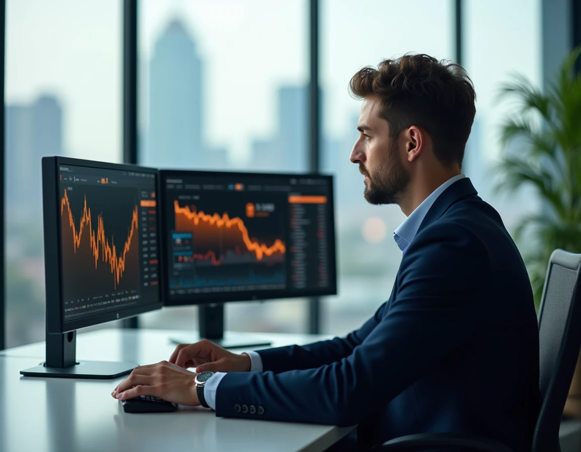 Analyste financier consultant des graphiques boursiers sur deux écrans avec données Orange en bourse