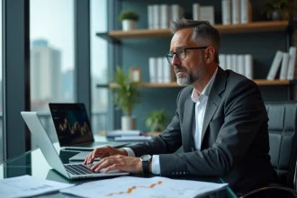 Analyste financier étudiant les prévisions Bitcoin 2030 sur un ordinateur portable dans un bureau d'entreprise moderne