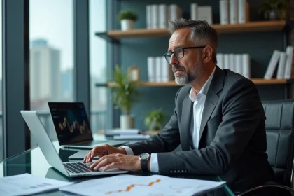 Analyste financier étudiant les prévisions Bitcoin 2030 sur un ordinateur portable dans un bureau d'entreprise moderne