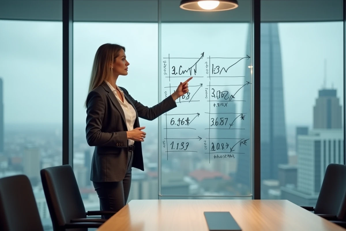 Analyste financière présentant des métriques boursières sur un tableau blanc dans une salle de réunion d'entreprise