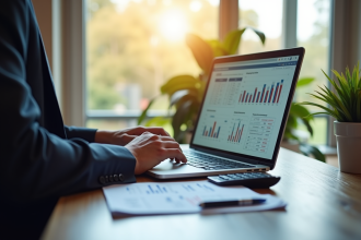 Professionnel analysant des données immobilières sur un ordinateur