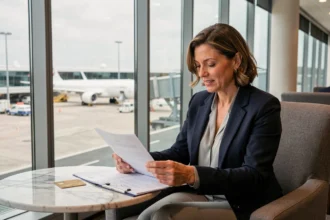 Femme d'affaires consultant ses documents d'assurance voyage et sa carte Visa Gold dans un salon d'aéroport moderne