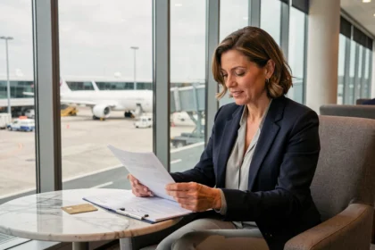 Femme d'affaires consultant ses documents d'assurance voyage et sa carte Visa Gold dans un salon d'aéroport moderne