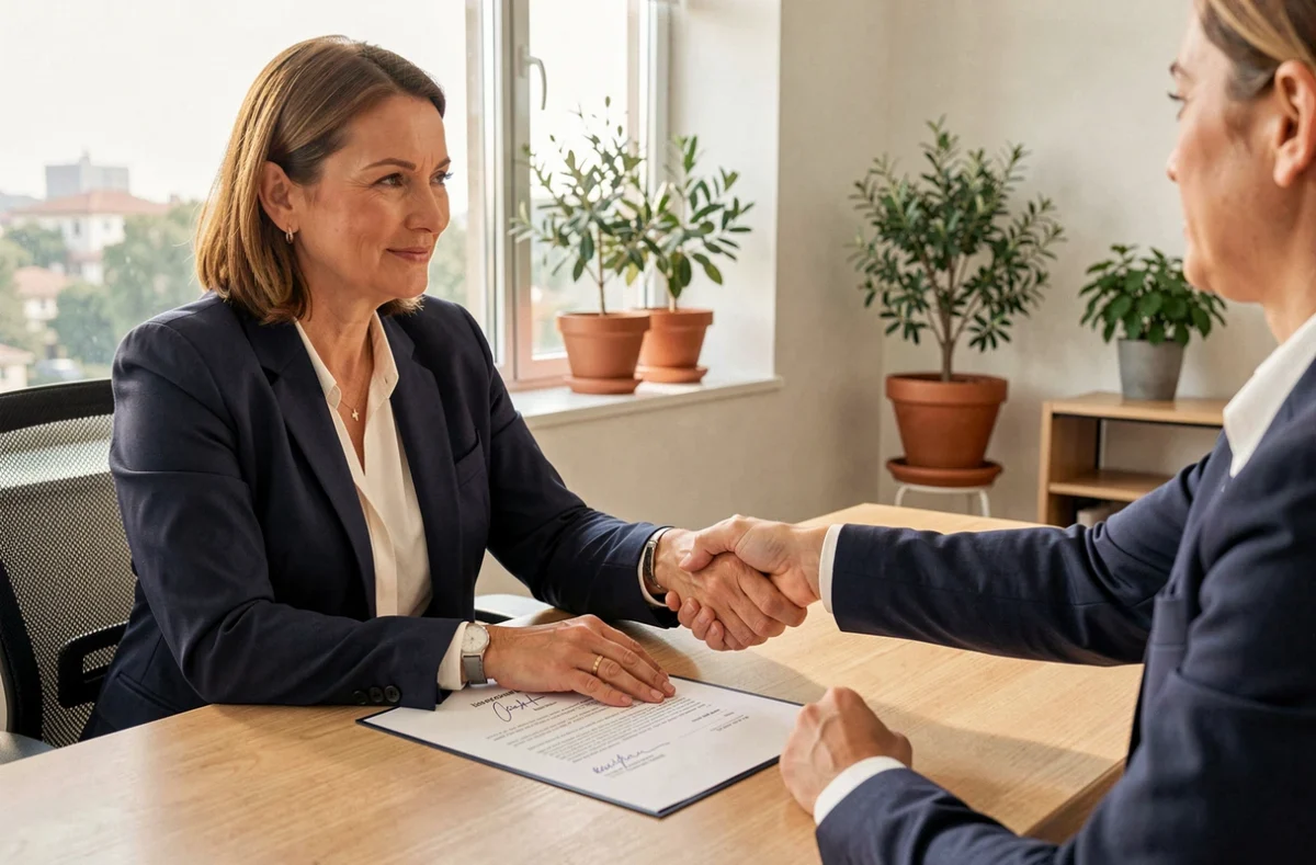 Conseillère Atelia finalisant un contrat de crédit immobilier avec un client satisfait