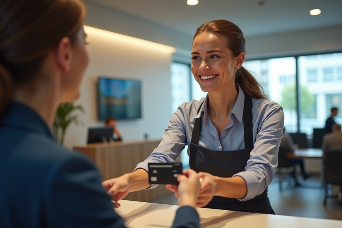 Employe bancaire remettant une carte débloquee à un client souriant