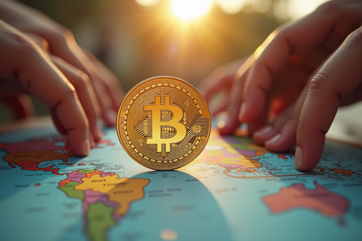 Bitcoin sur une carte du monde avec mains de différentes couleurs