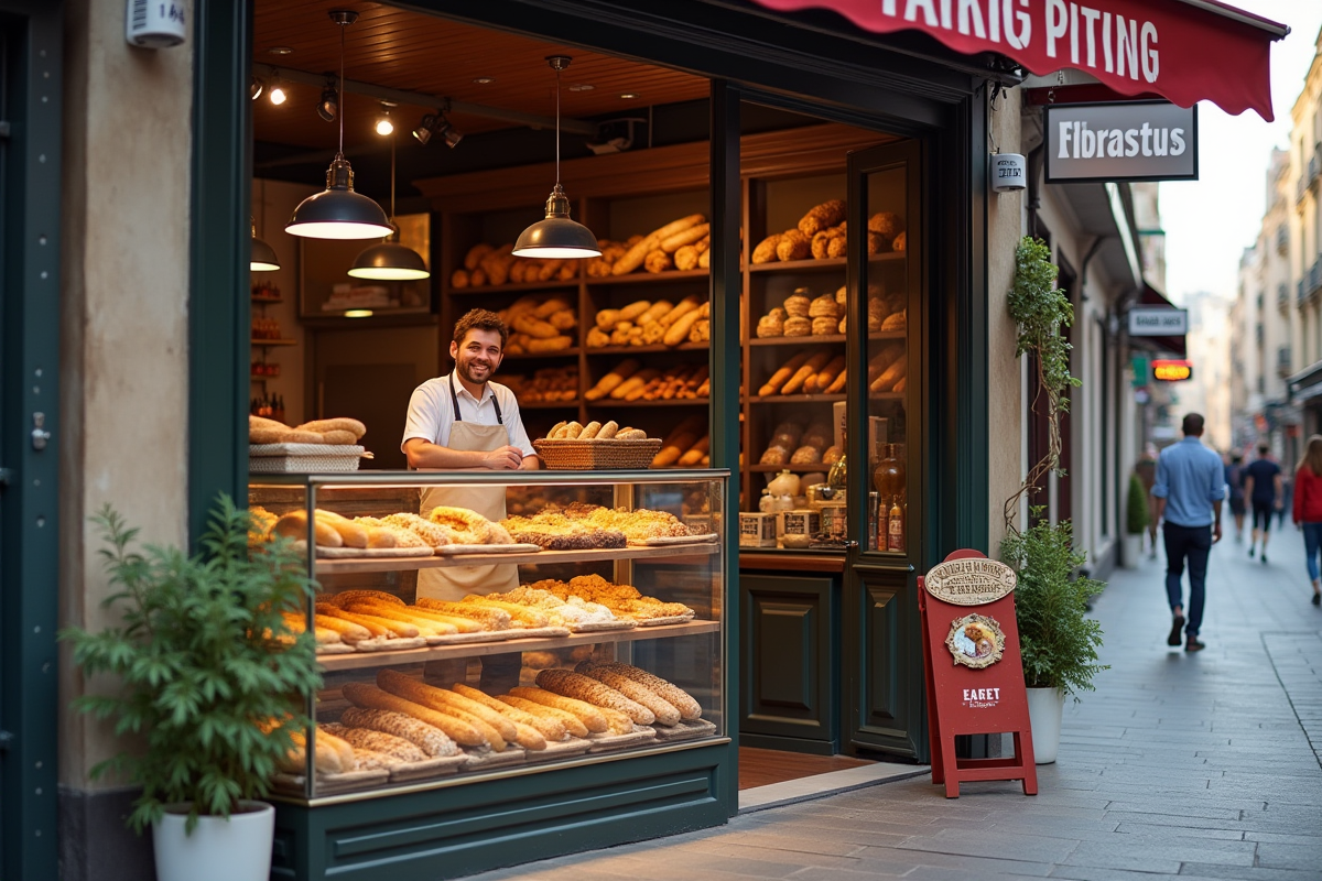 Boulangerie locale avec propriétaire souriant et viennoiseries