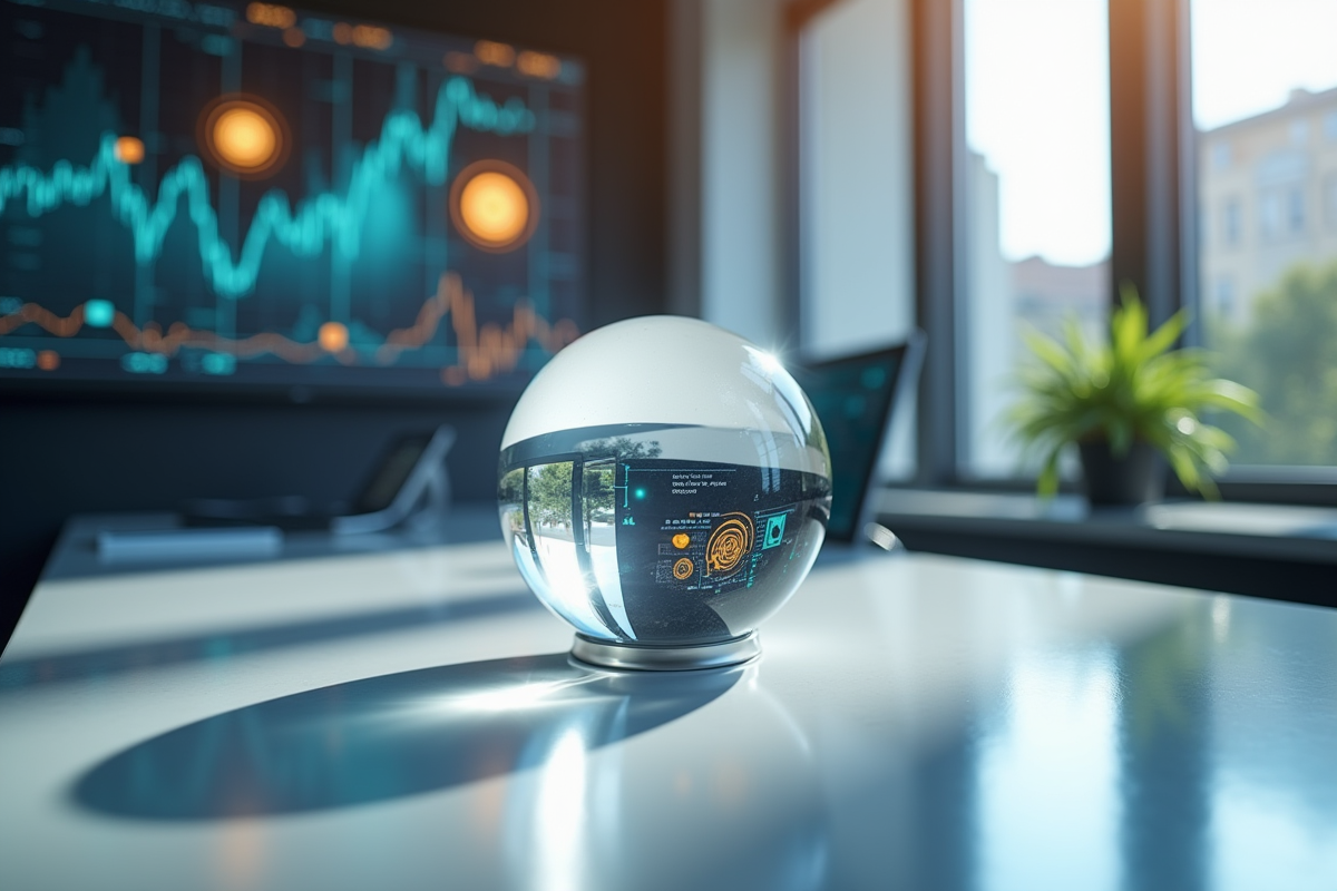 Boule de cristal sur une table avec symboles cryptos et données numériques