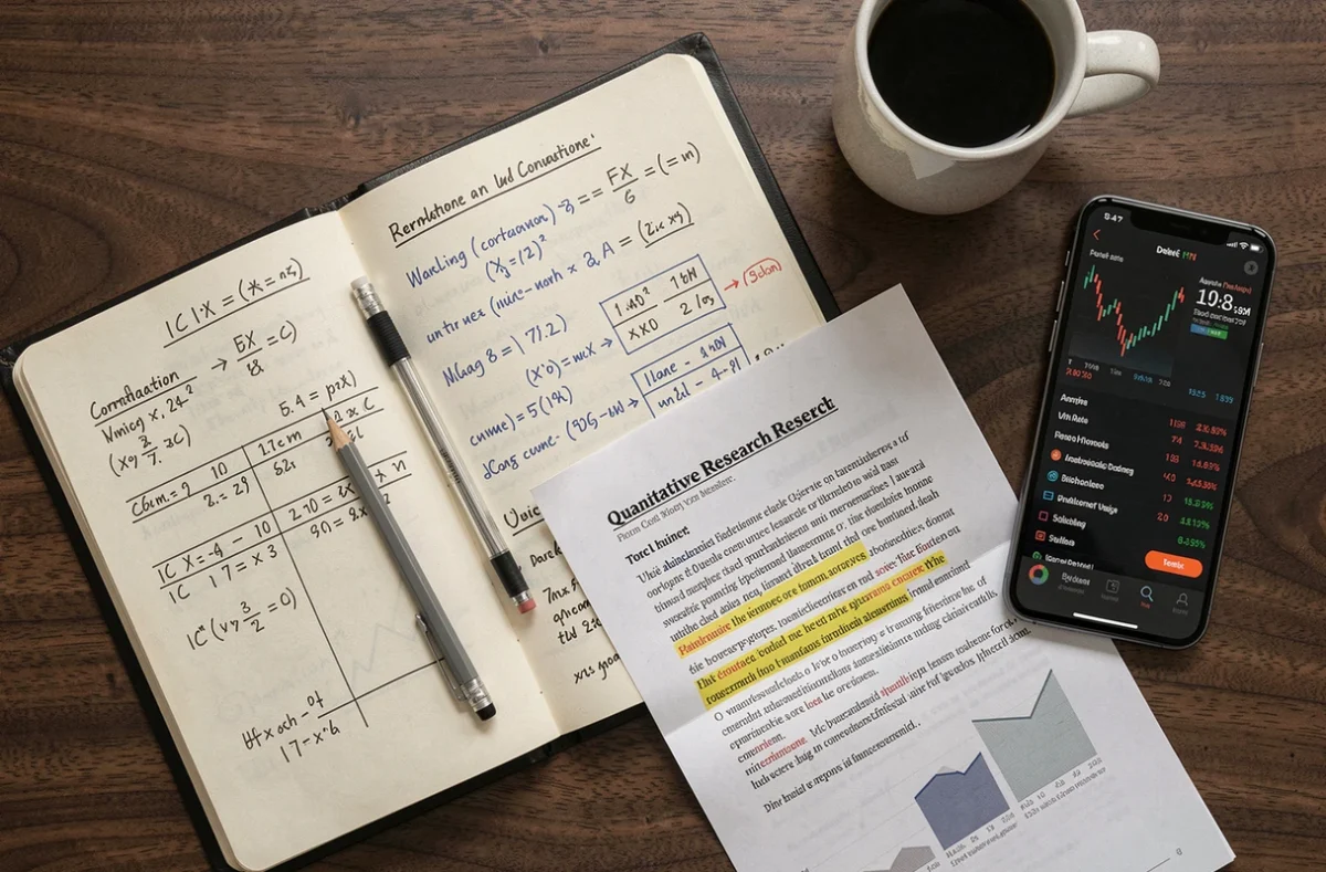 Vue aérienne d'un bureau d'analyste financier avec cahier de calculs, rapports quantitatifs annotés et tableaux de bord de données financières