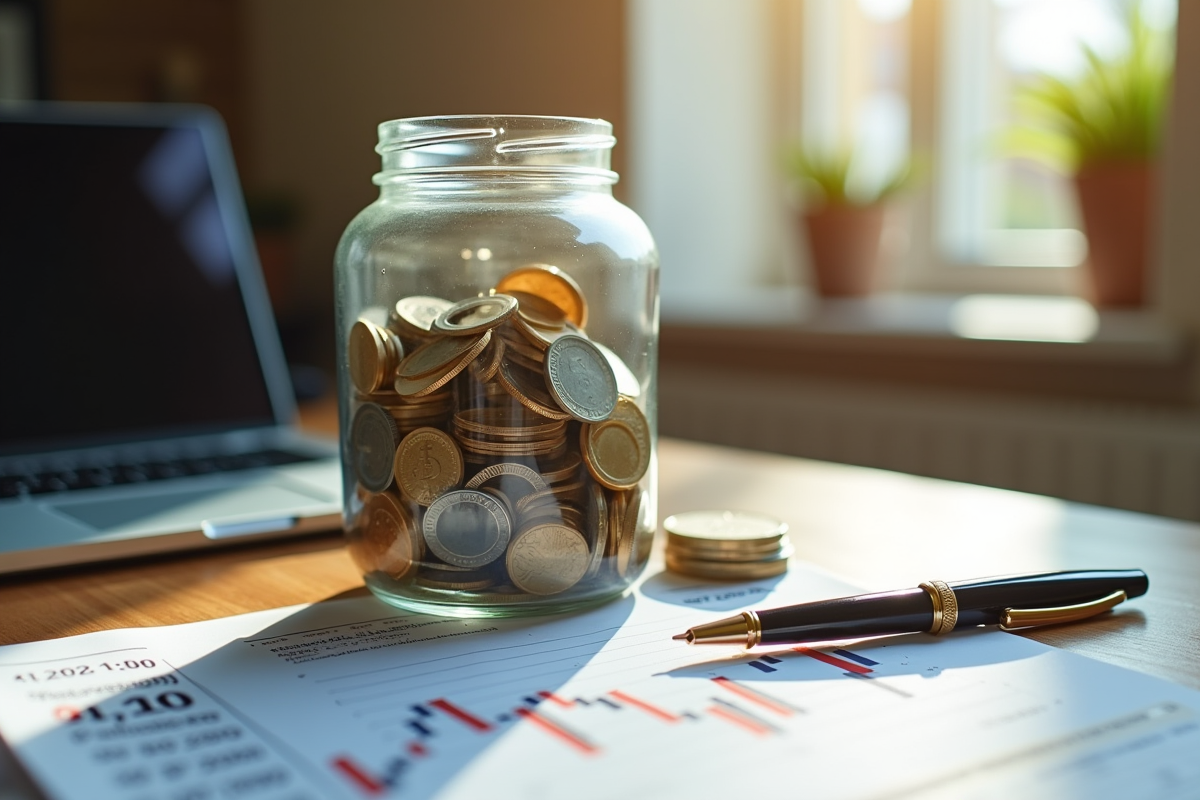 Espace de travail avec un pot de pièces et billets et un graphique boursier
