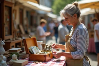Vendeuse de brocante comptant des pièces et billets dans une caisse en bois lors d'un vide-grenier en plein air