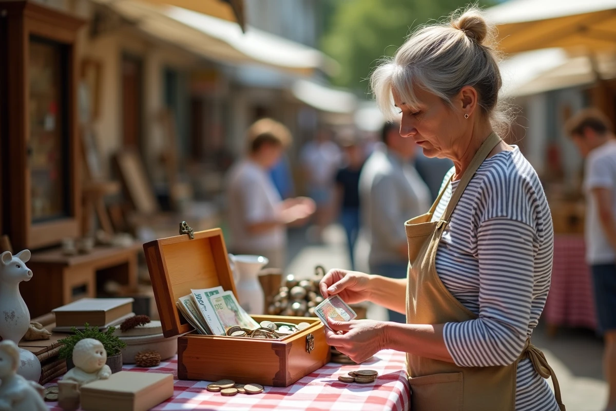 Vendeuse de brocante comptant des pièces et billets dans une caisse en bois lors d'un vide-grenier en plein air