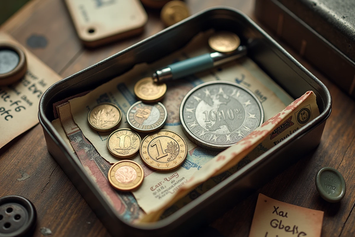 Caisse en métal ouverte avec pièces et billets en euros triés pour une brocante ou vide-grenier, vue de dessus