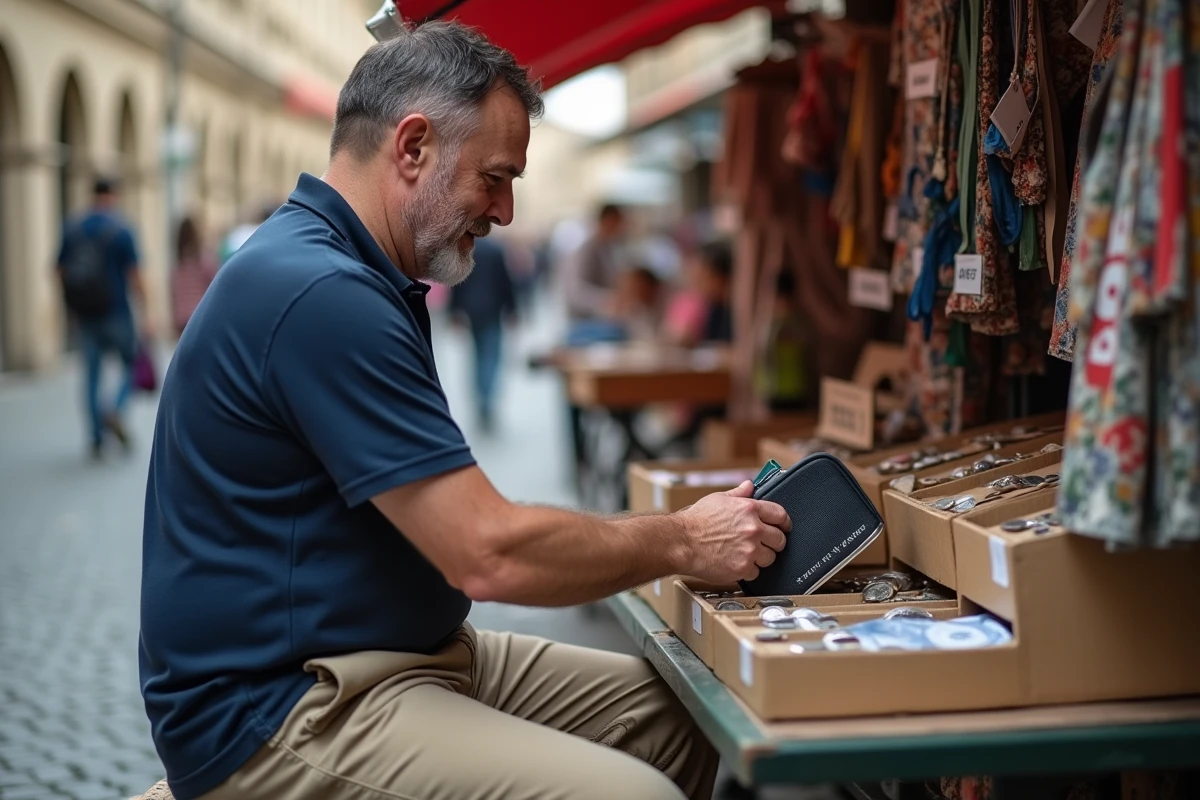 Homme organisant sa caisse mobile avec pochette zippée et tiroir-caisse portable sur un marché aux puces urbain