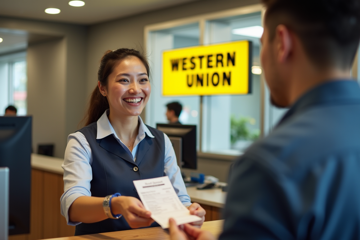 Caissier souriant remettant un reçu Western Union à un client