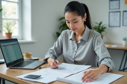 Femme en bureau analysant une fiche de paie et effectuant des calculs brut en net sur un bloc-notes