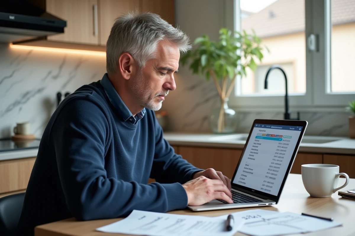 Homme en télétravail calculant son salaire brut en net sur ordinateur portable avec documents fiscaux à la maison