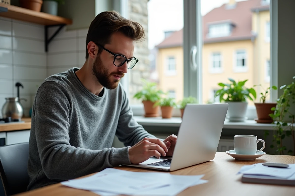 Homme calculant son salaire net suisse sur ordinateur portable à la maison avec sa fiche de paie