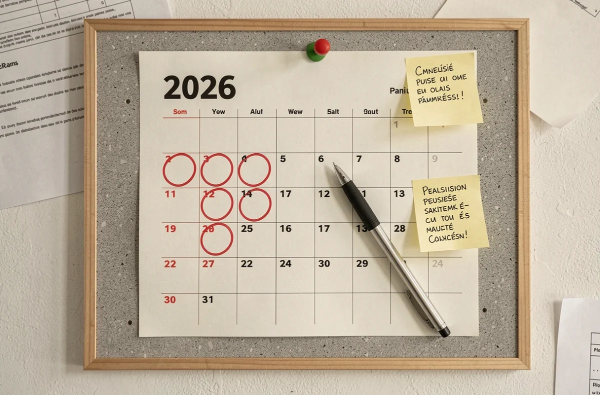 Calendrier 2026 avec dates de paiement de pension d'invalidité annotées en rouge