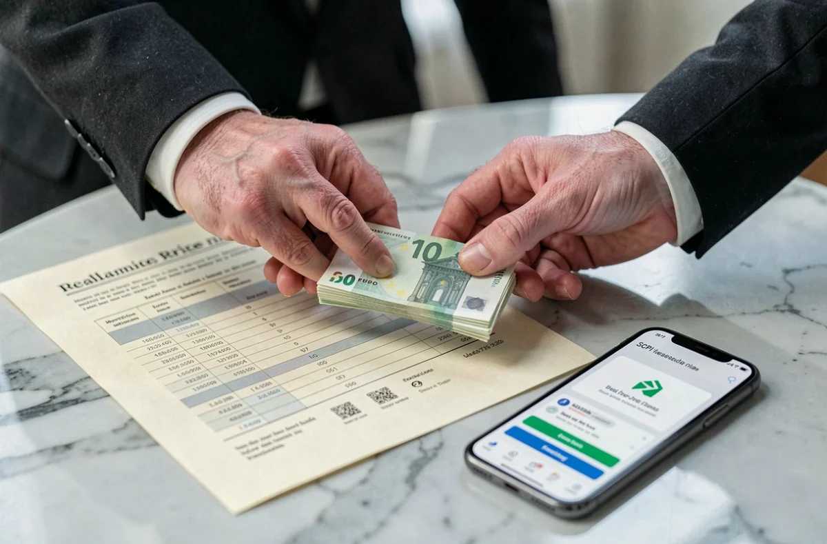 Mains déposant des billets en euros à côté d'un portefeuille SCPI imprimé sur une table en marbre